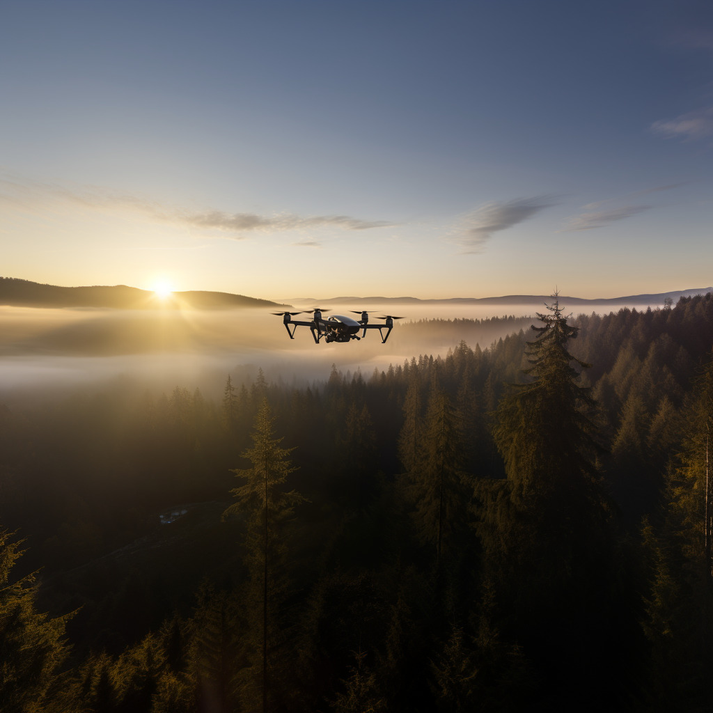 Dji Drone flying above a forest.