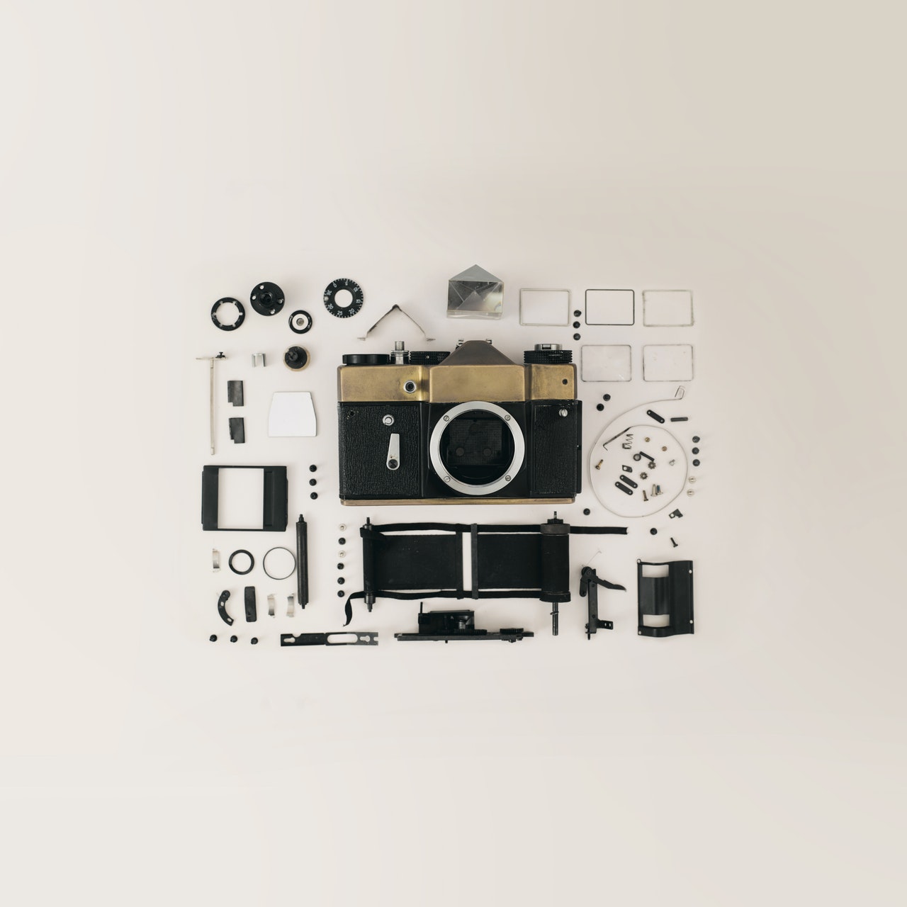 dslr camera flat lay