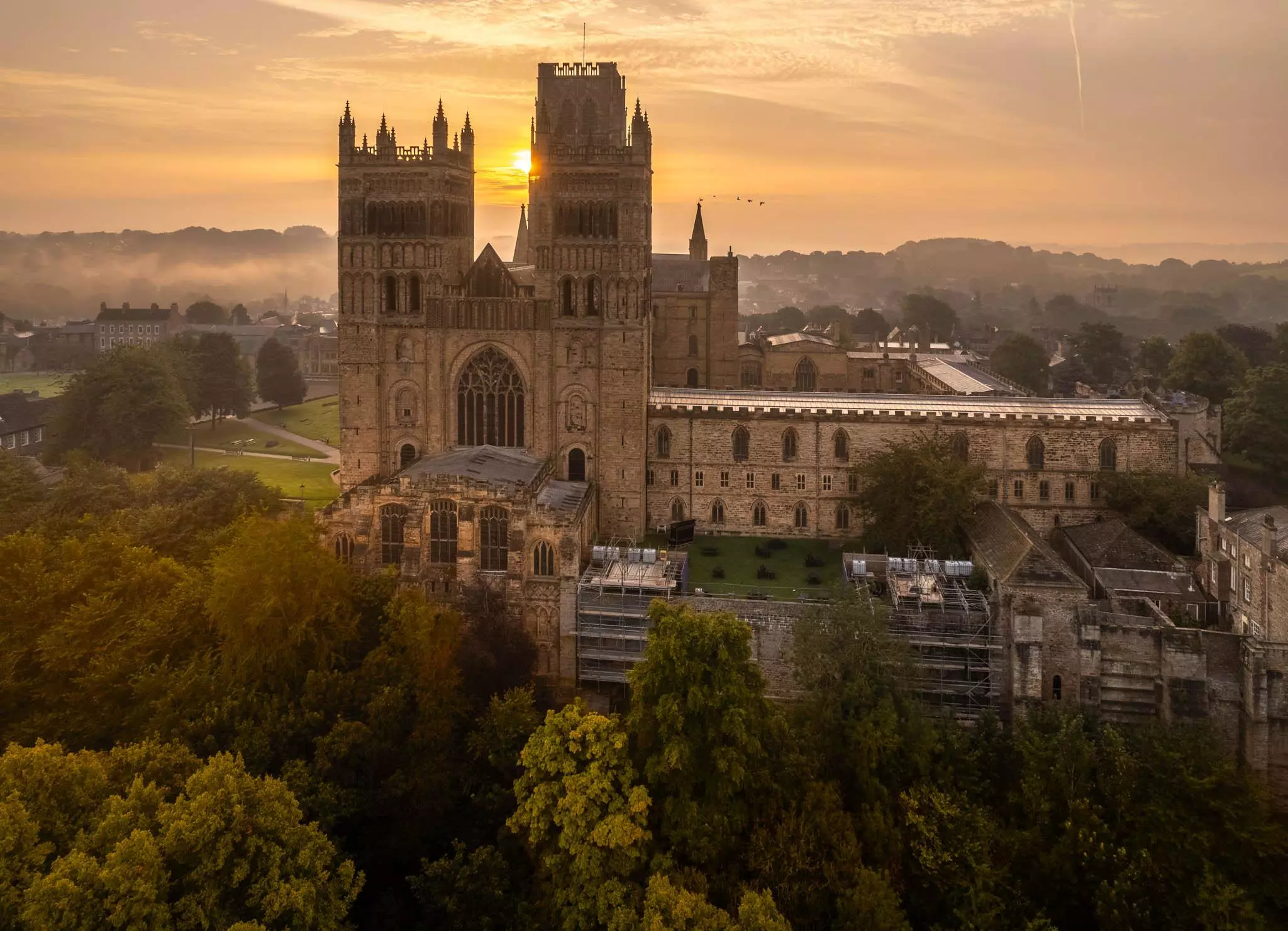 Durham Cathedral at dawn, shot from a drone 