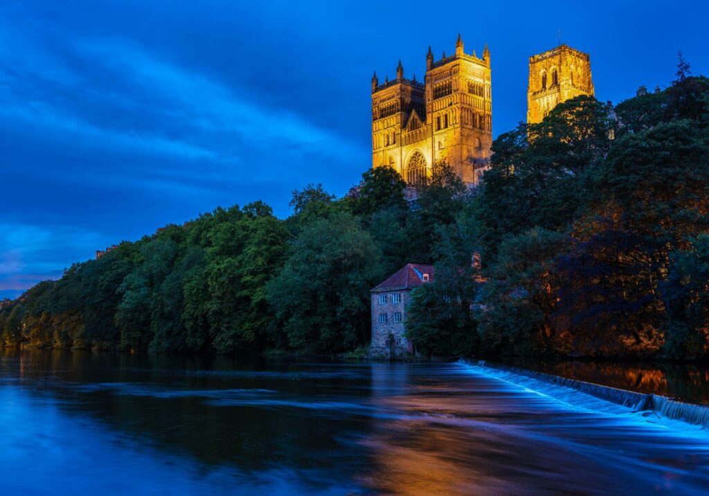 Durham Cathedral in Blue Hour. Image demonstrates leading lines and colour contrast compositorial rules