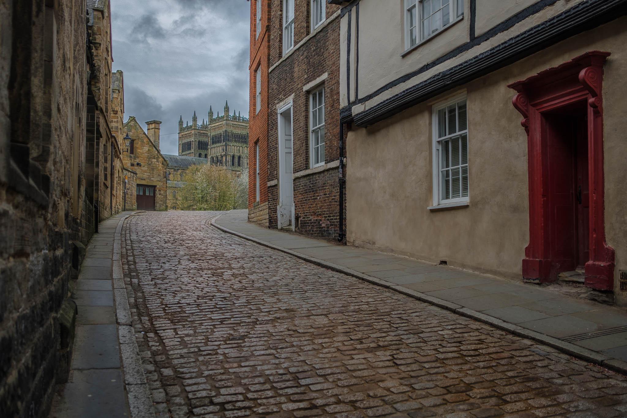 Durham Cathedral seen from cobbled street and shot on a Fuji X-E3