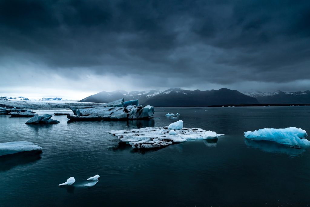 Blue artic scene with icebergs