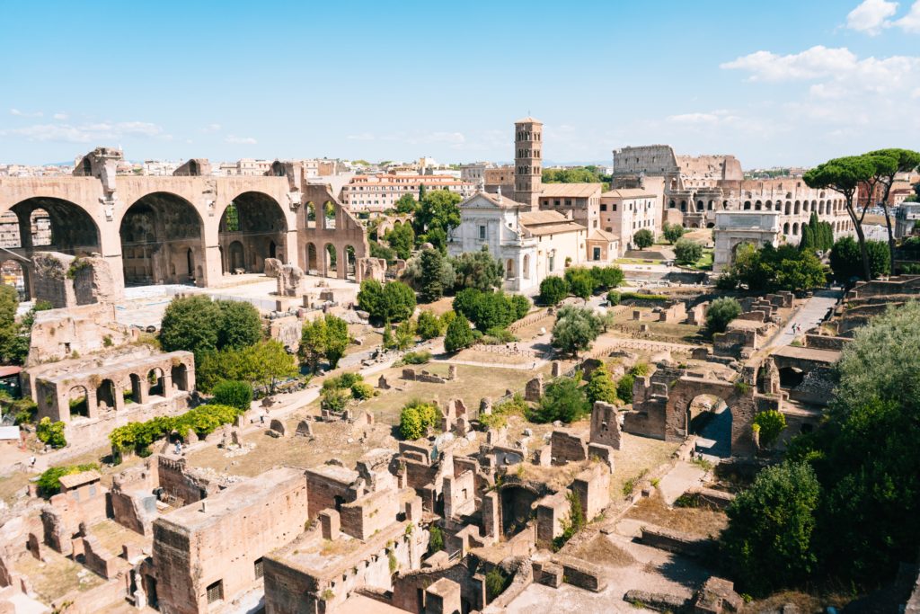 Wide shot of a Roman forum in Rome
