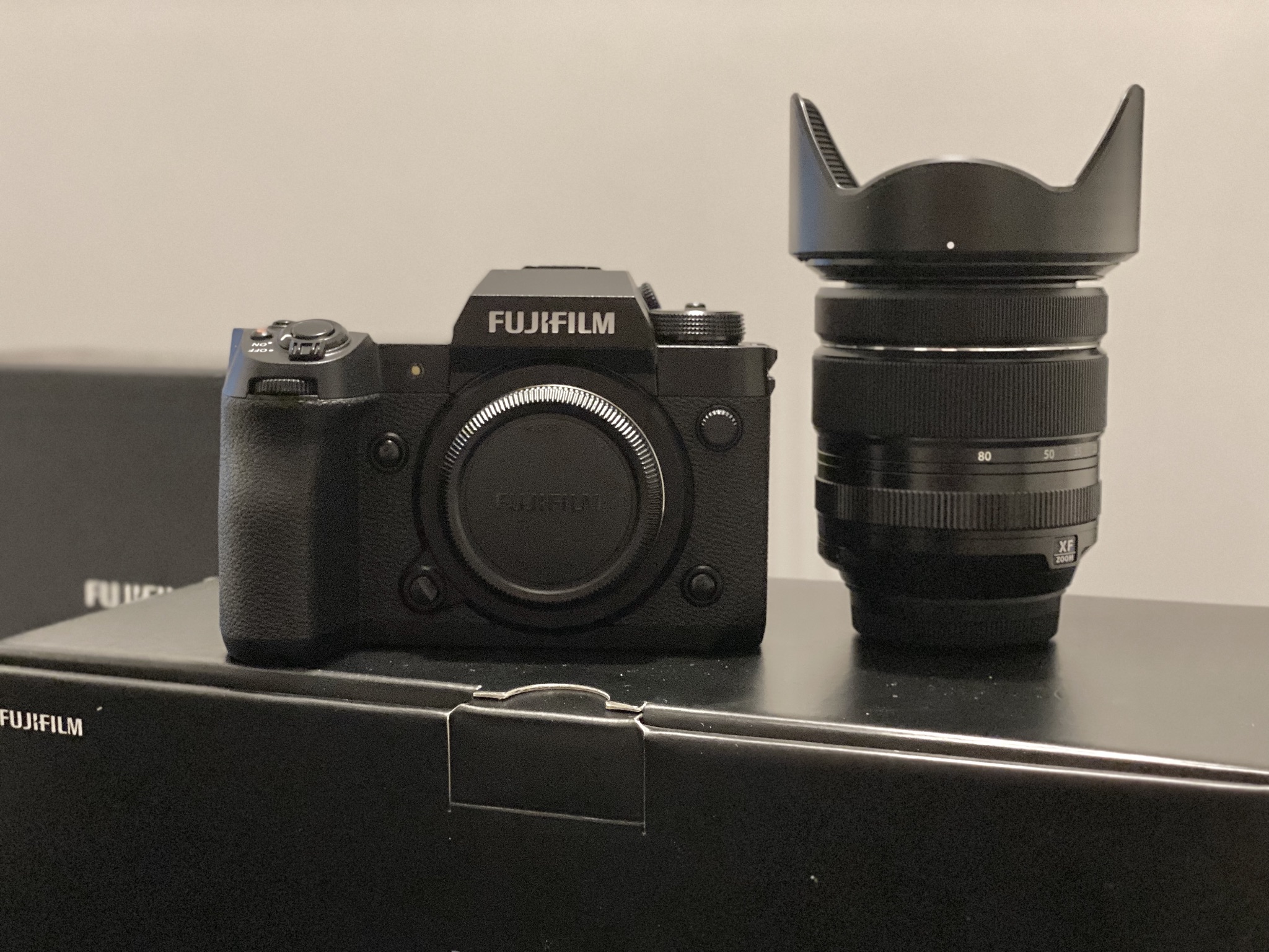 Fujifilm camera and lens on box