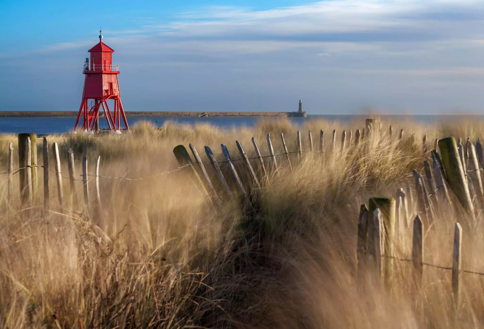 Herd Groyne Lighthouse with sand dunes and long grass waving in the wind