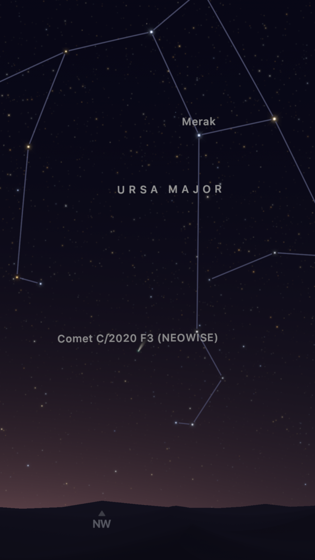 Screenshot of Sky Guide app showing comet NEOWISE