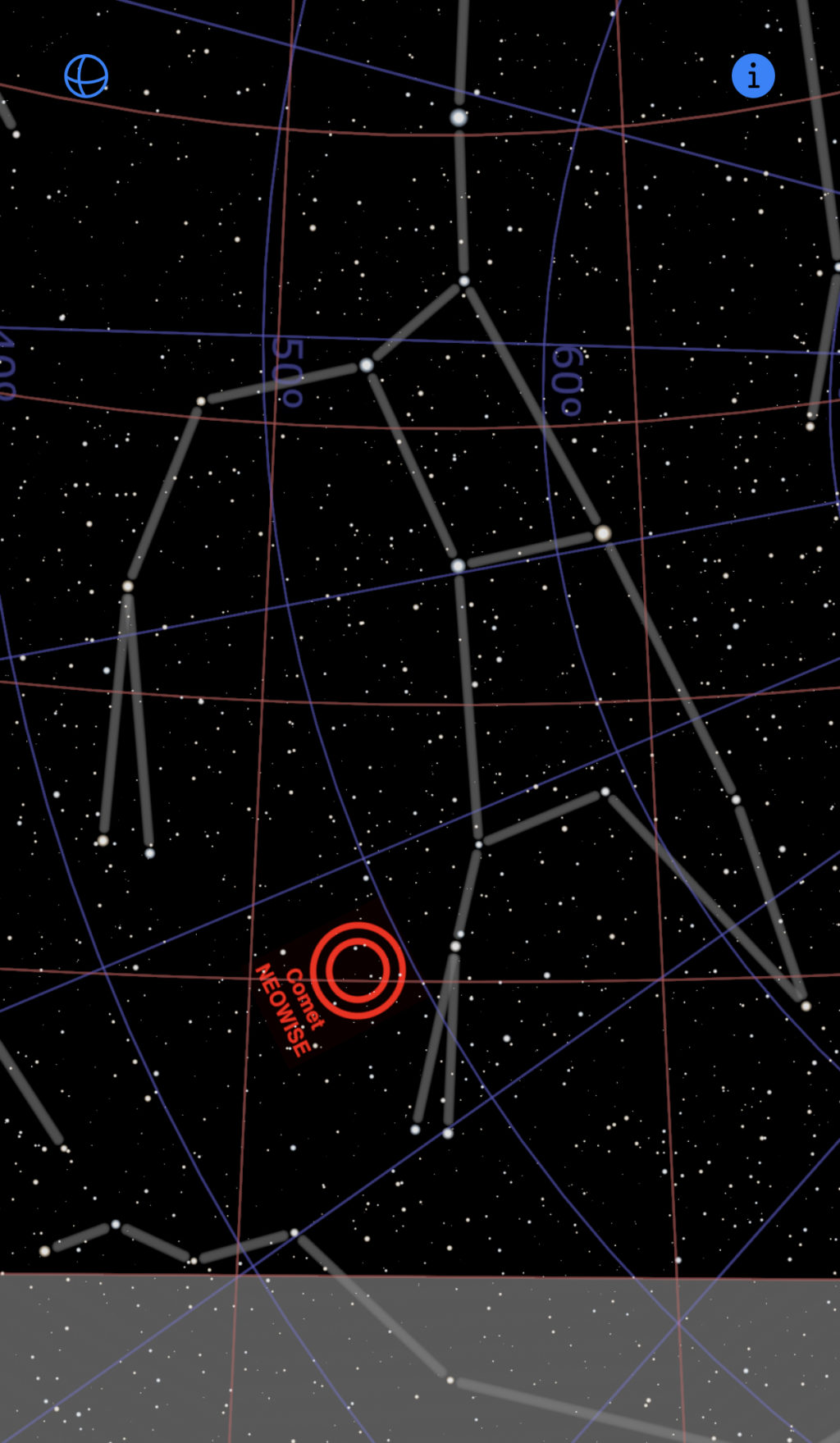 Screenshot of CometNEOWISE app showing comet NEOWISE