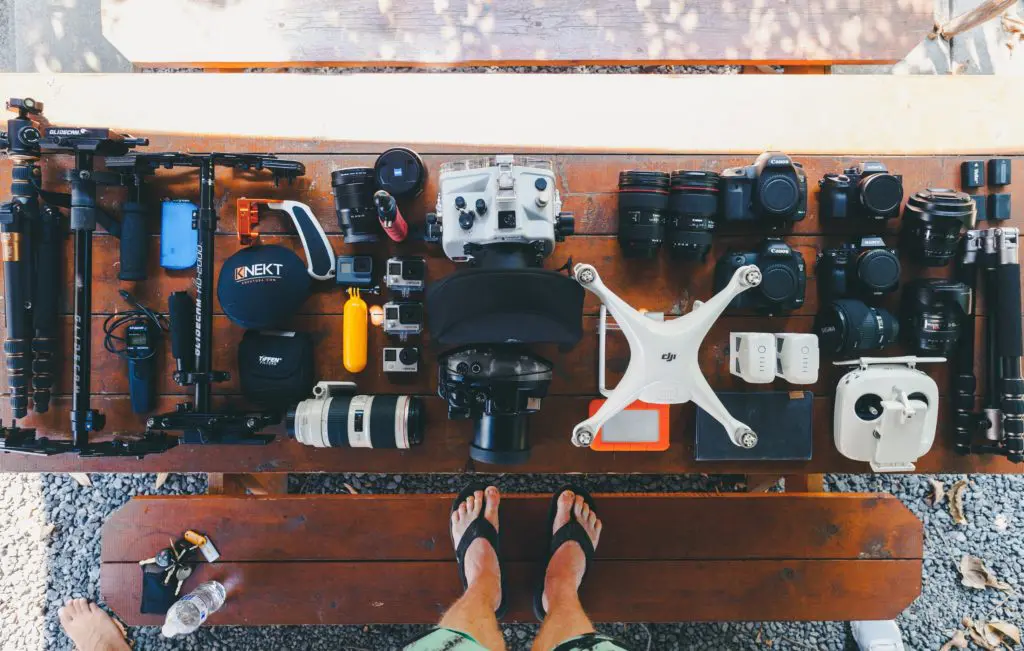 top  down view of camera gear on table 