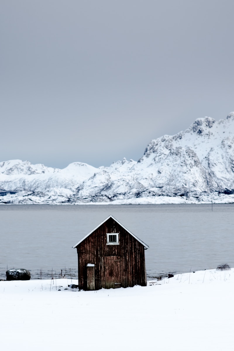 brown wooden shed near lake surrounded by snow