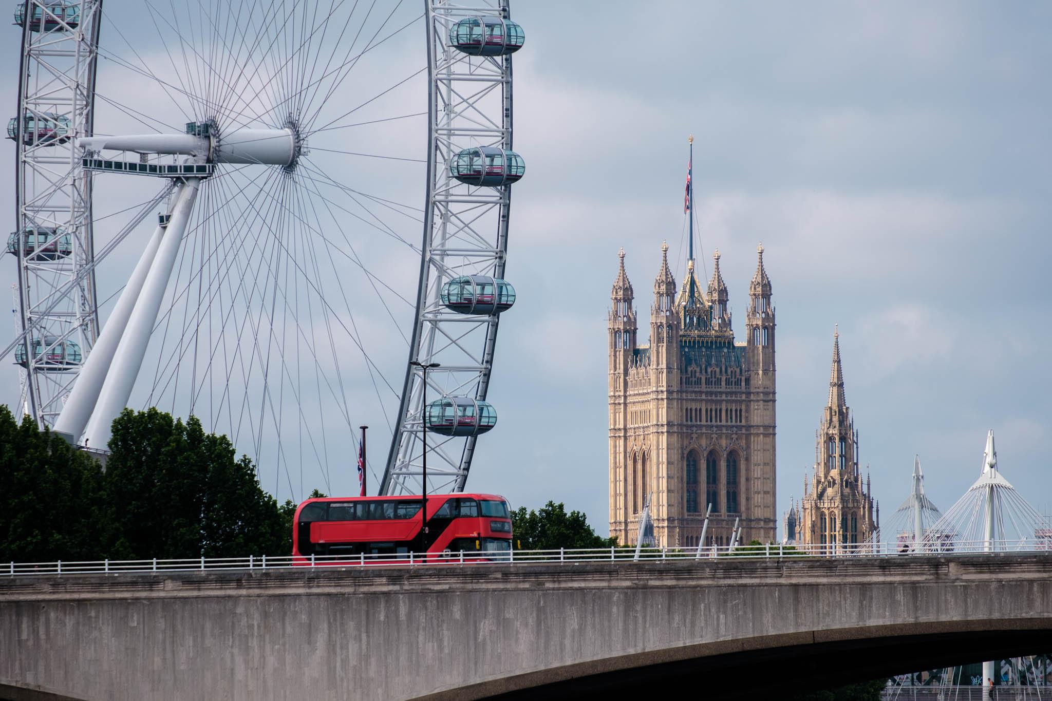 London bus, London Eye and the hHouses of PArliament in one shot 