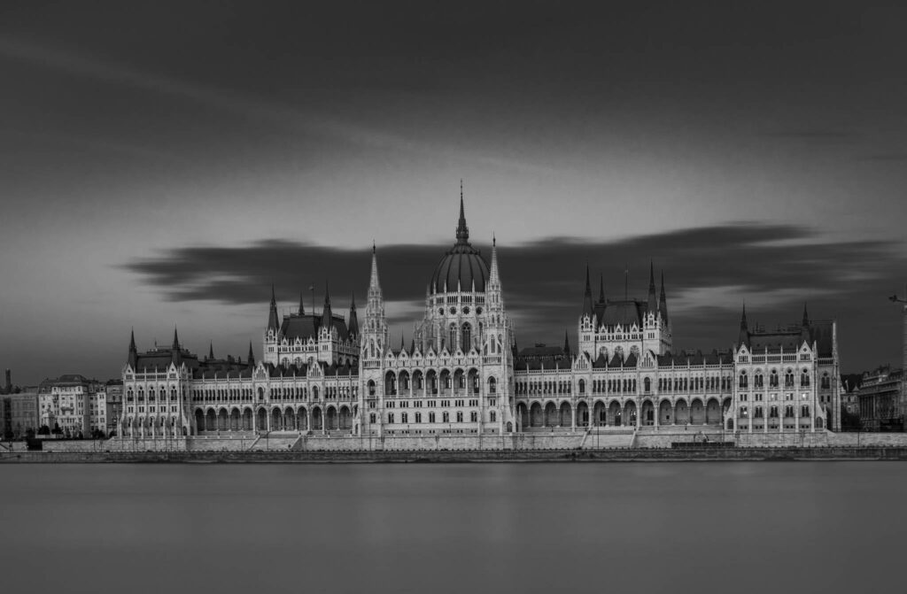 Long exposure black and white twilight shot of the parliament building in Budapest, Hungary