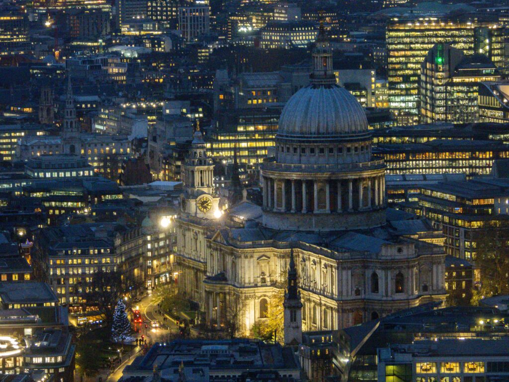 Night image of St Pauls Cathedral in London