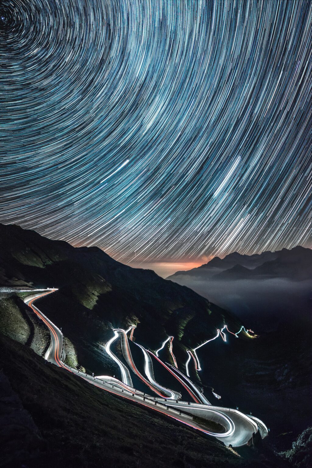 long exposure car trails and night sky