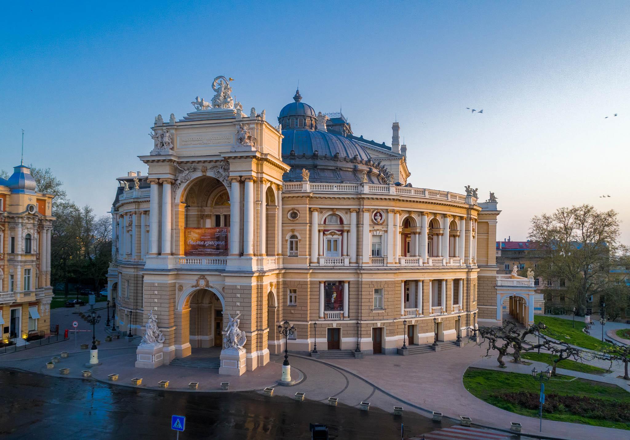 Odesa Opera Theatre in Ukraine shot from a drone