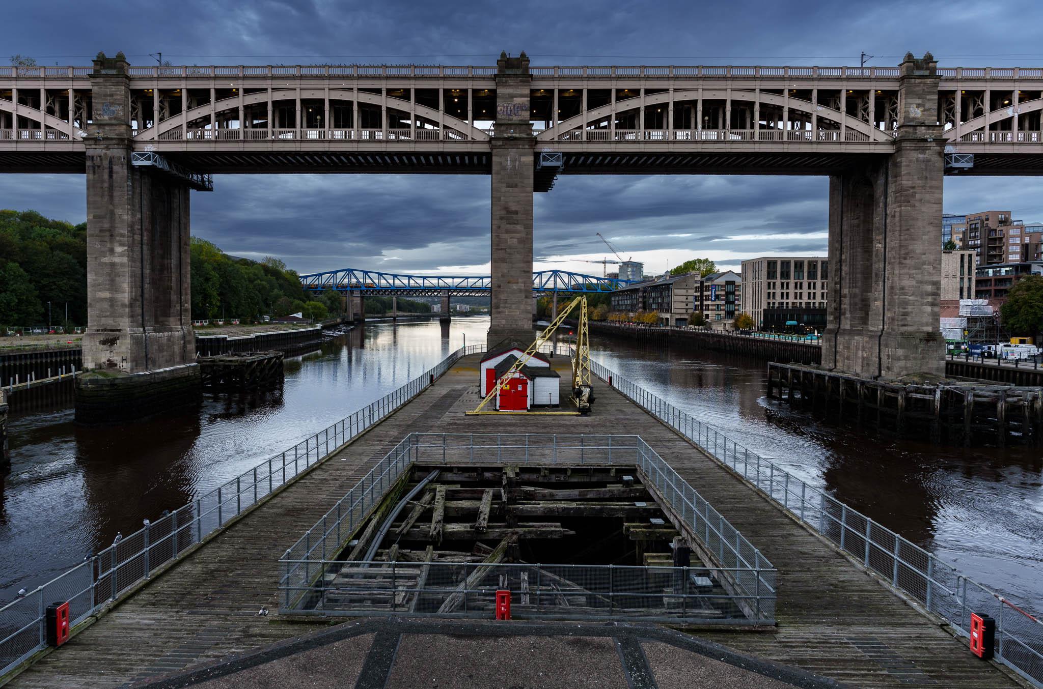 On over processed image of the High Level Bridge in Newcastle, demonstrating crushing the blacks