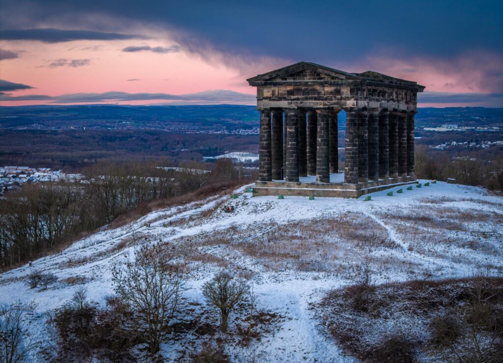 Penshaw Monument in North East England shot from a drone with 70mm lens