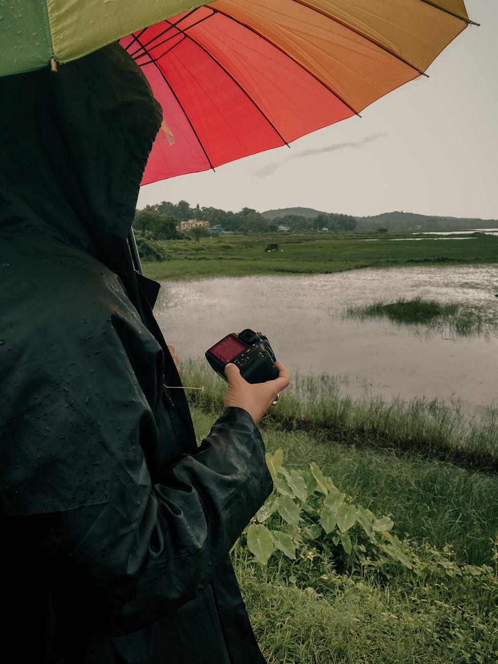 man under an umbrella holding a camera