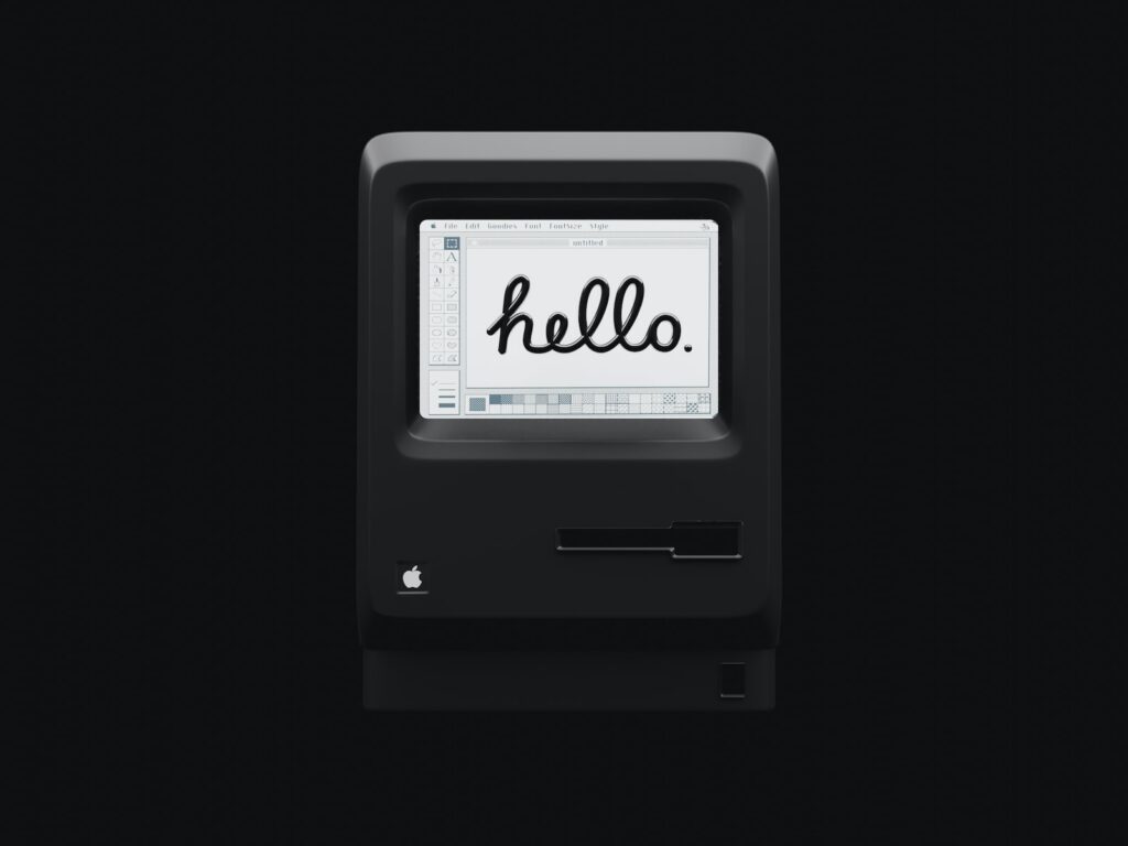 Black and white showing iconic 'Hello' from Macintosh debut