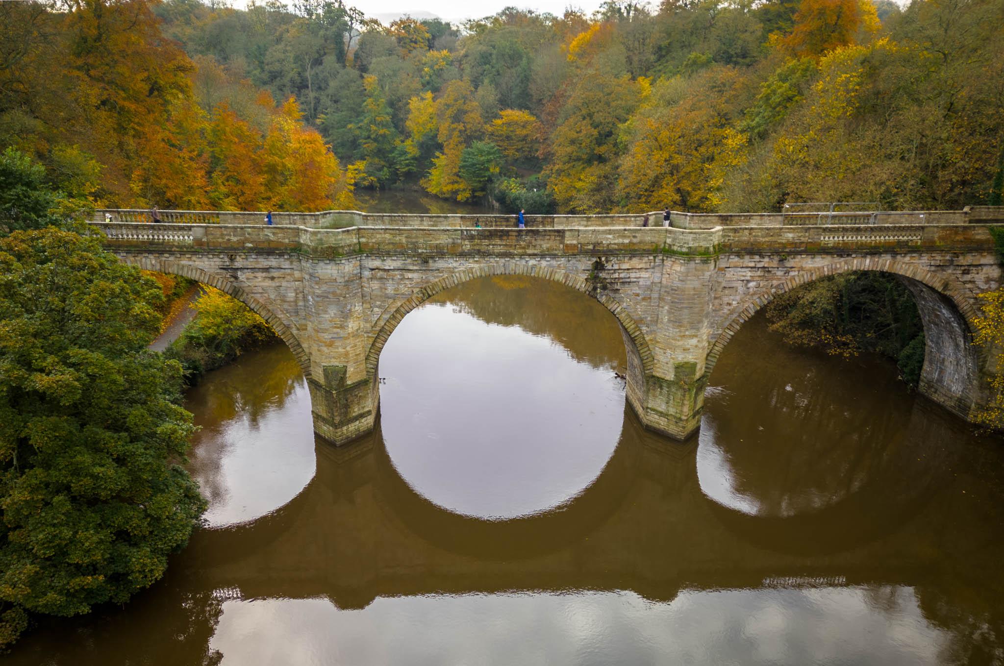 Prebends Bridge in Durham shot from a drone 