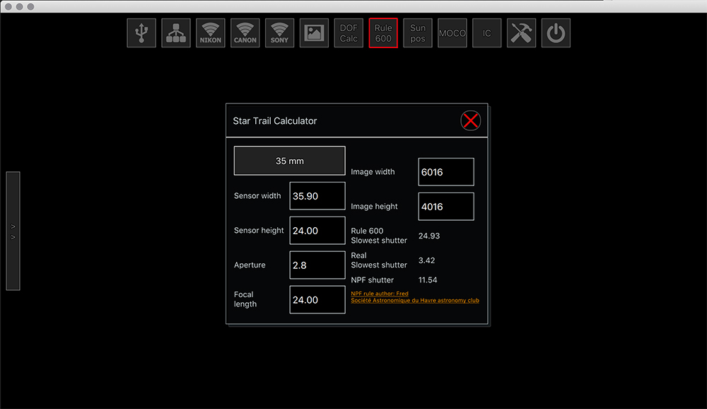 Screenshot of the qDslrDashboard App to calculate shutter speeds based on NPF rule and 600 rule