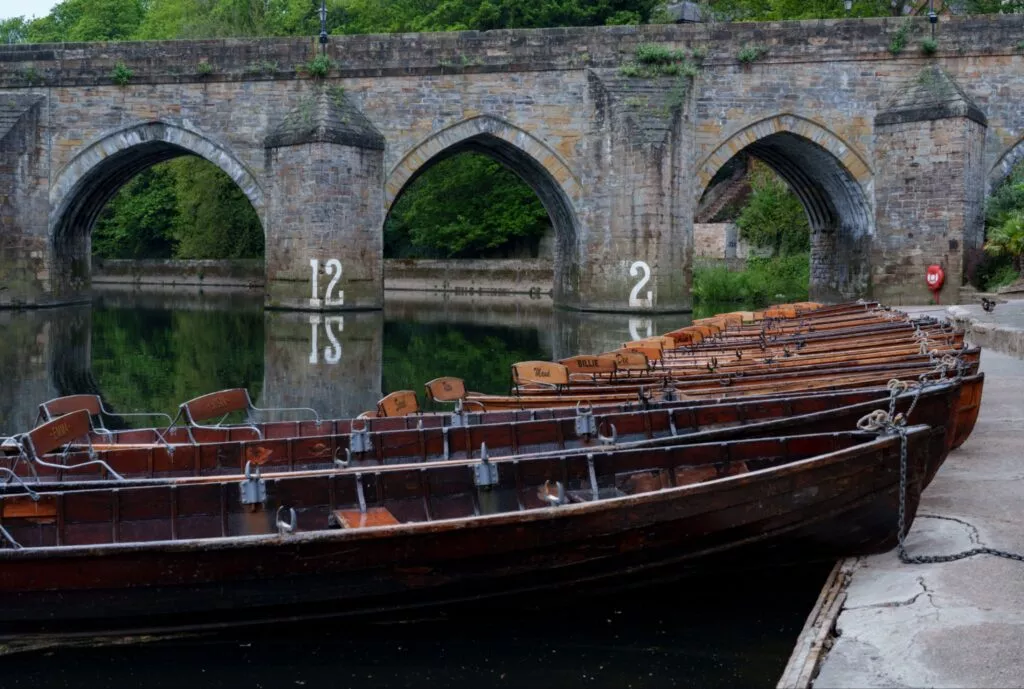 Rowing boats lined up on the River Wear in Durham
