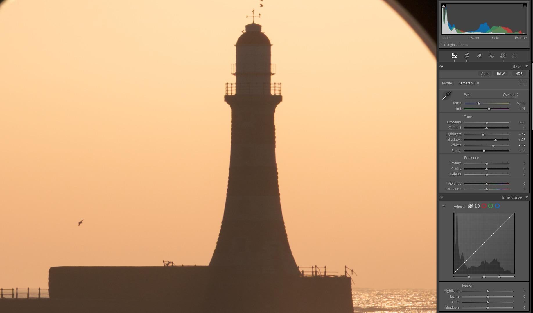 Screenshot of a simple, basic edit in Lightroom