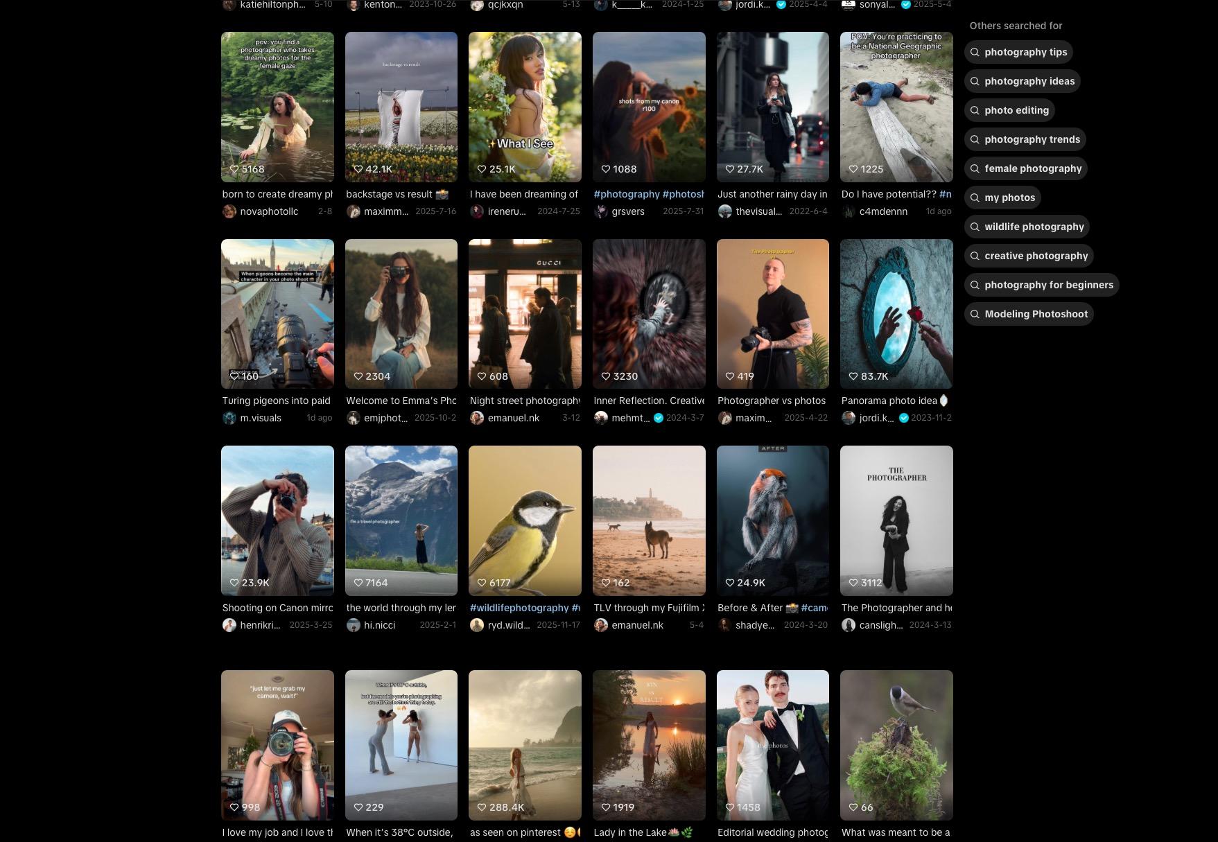 Screenshot of a TikTok feed full of photography accounts
