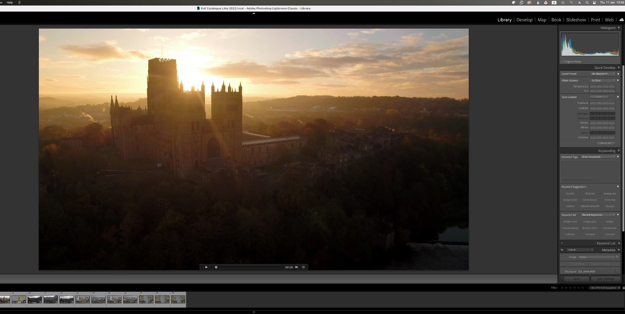 Screenshot of a video file being colour and exposure corrected in Lightroom's library module 