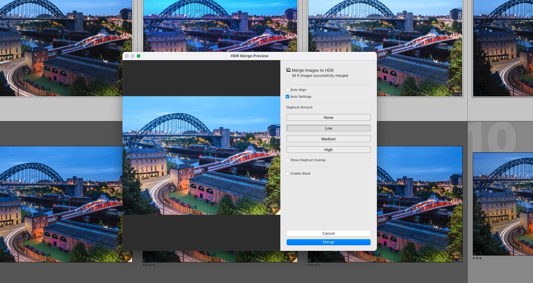 Screenshot of Adobe Lightroom merging RAWS to HDR 