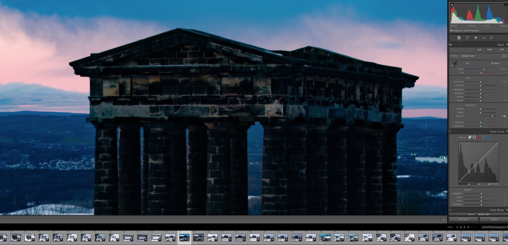 Screenshot of an image in Lightroom with the dehaze slider pushed far right