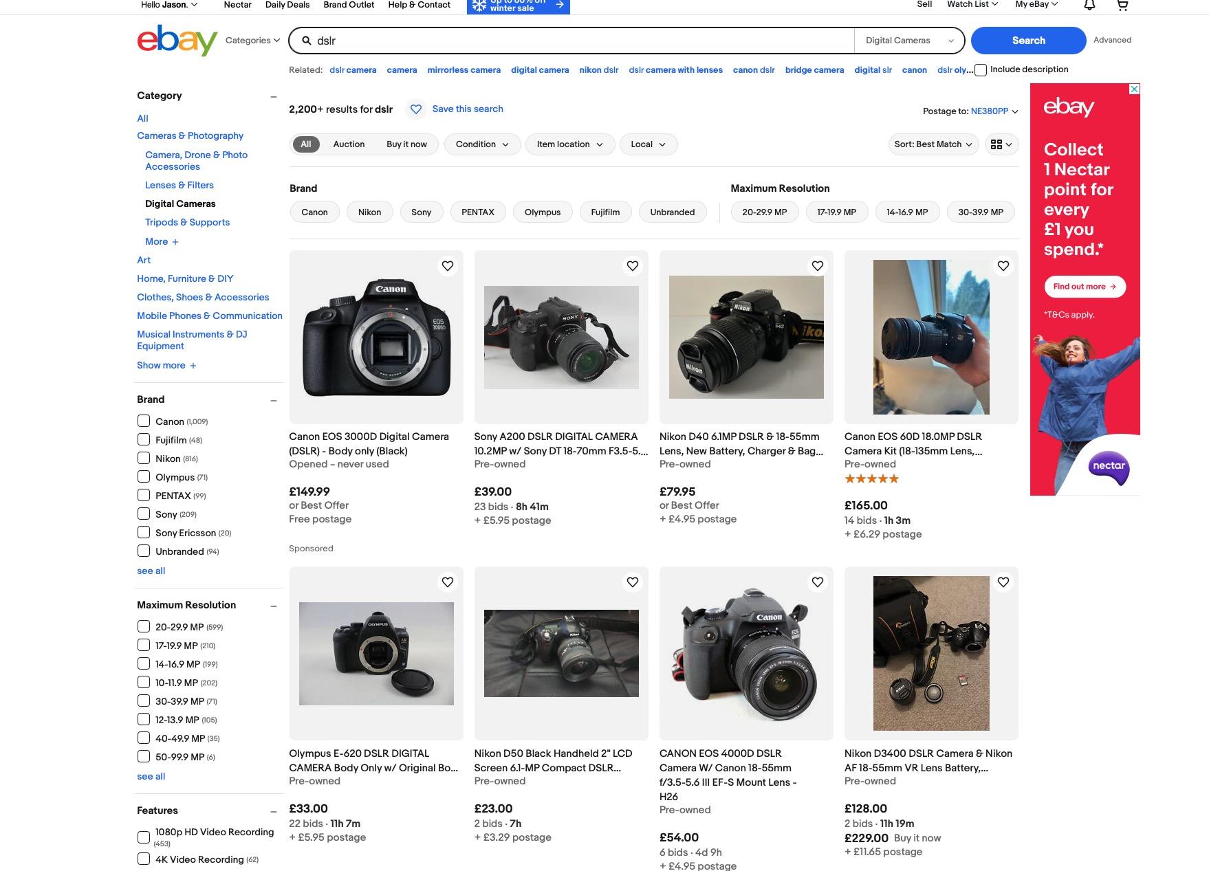 Screenshot of DSLRs on sale on the Ebay auction site