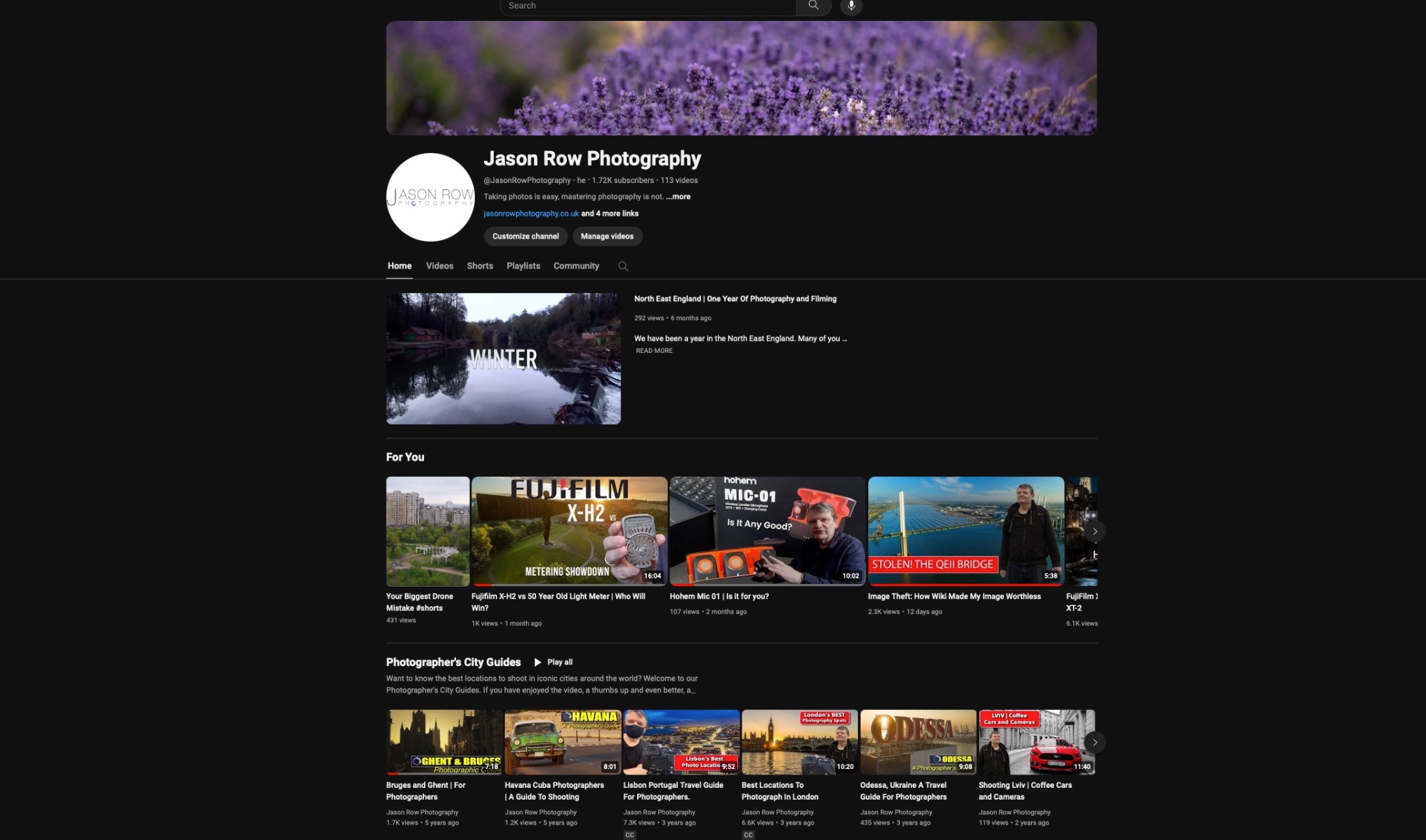 Screenshot of Jason Row Photography YouTube channel