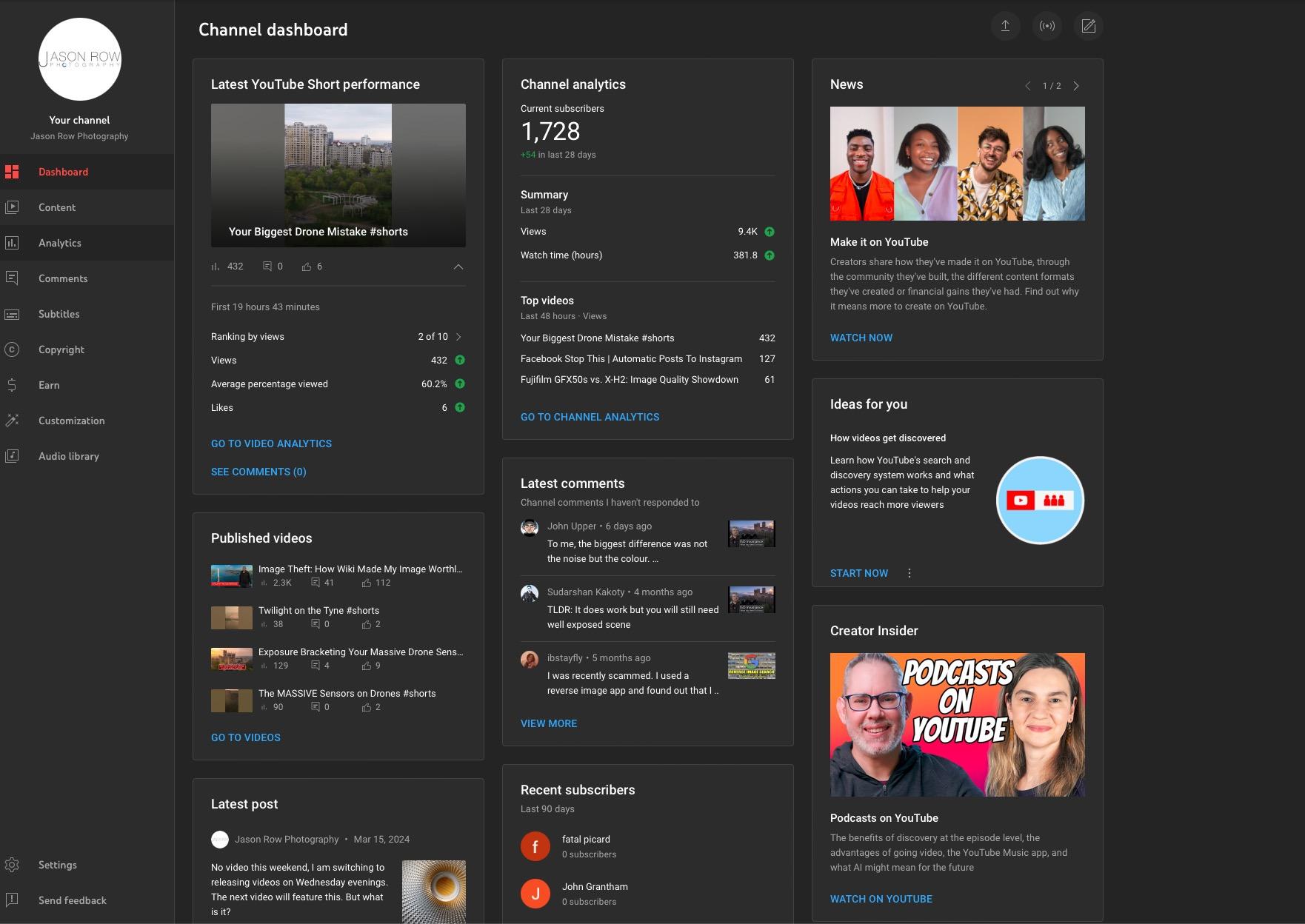 Screenshot of the Youtube dashboard for Jason Row Photography