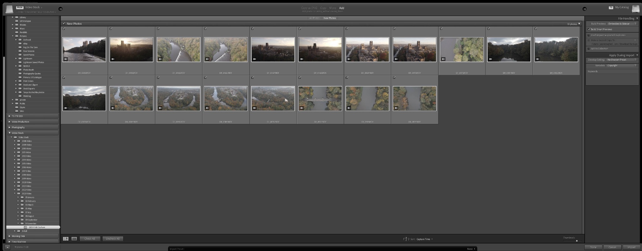 Screenshot of video footage being imported into Adobe Lightroom
