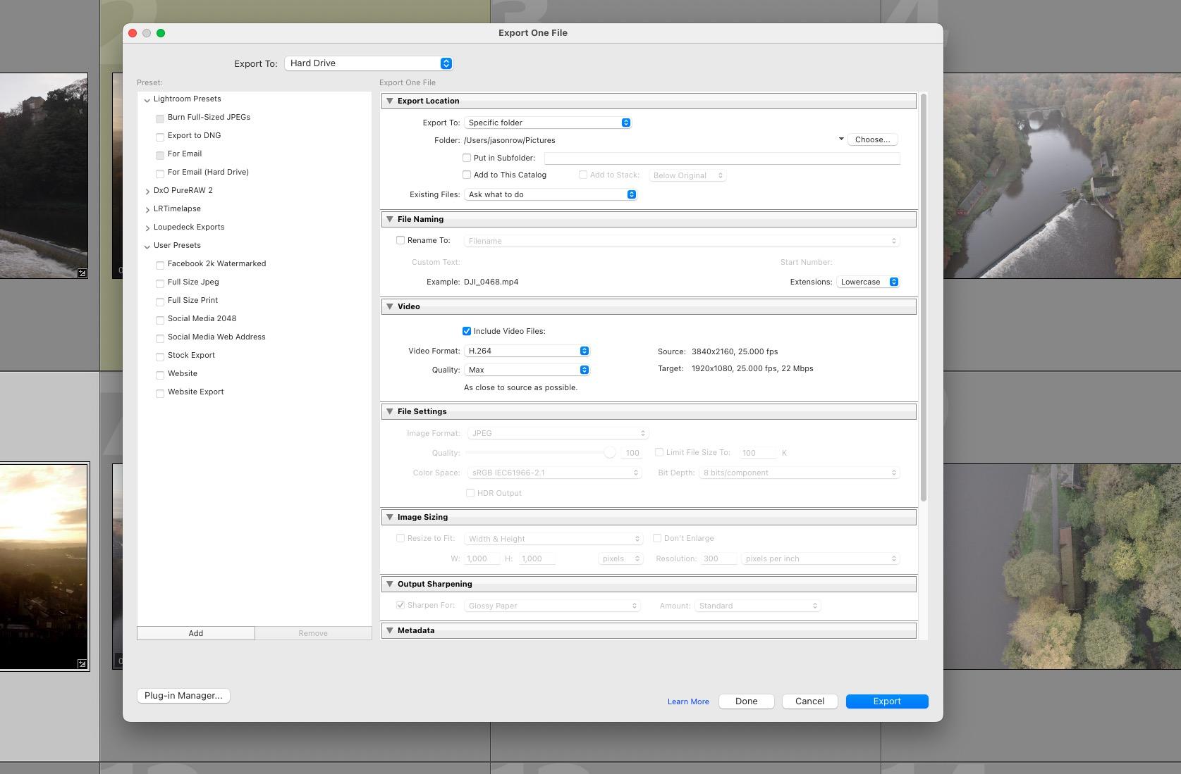 Screenshot showing Lightroom's limited export options for video files 