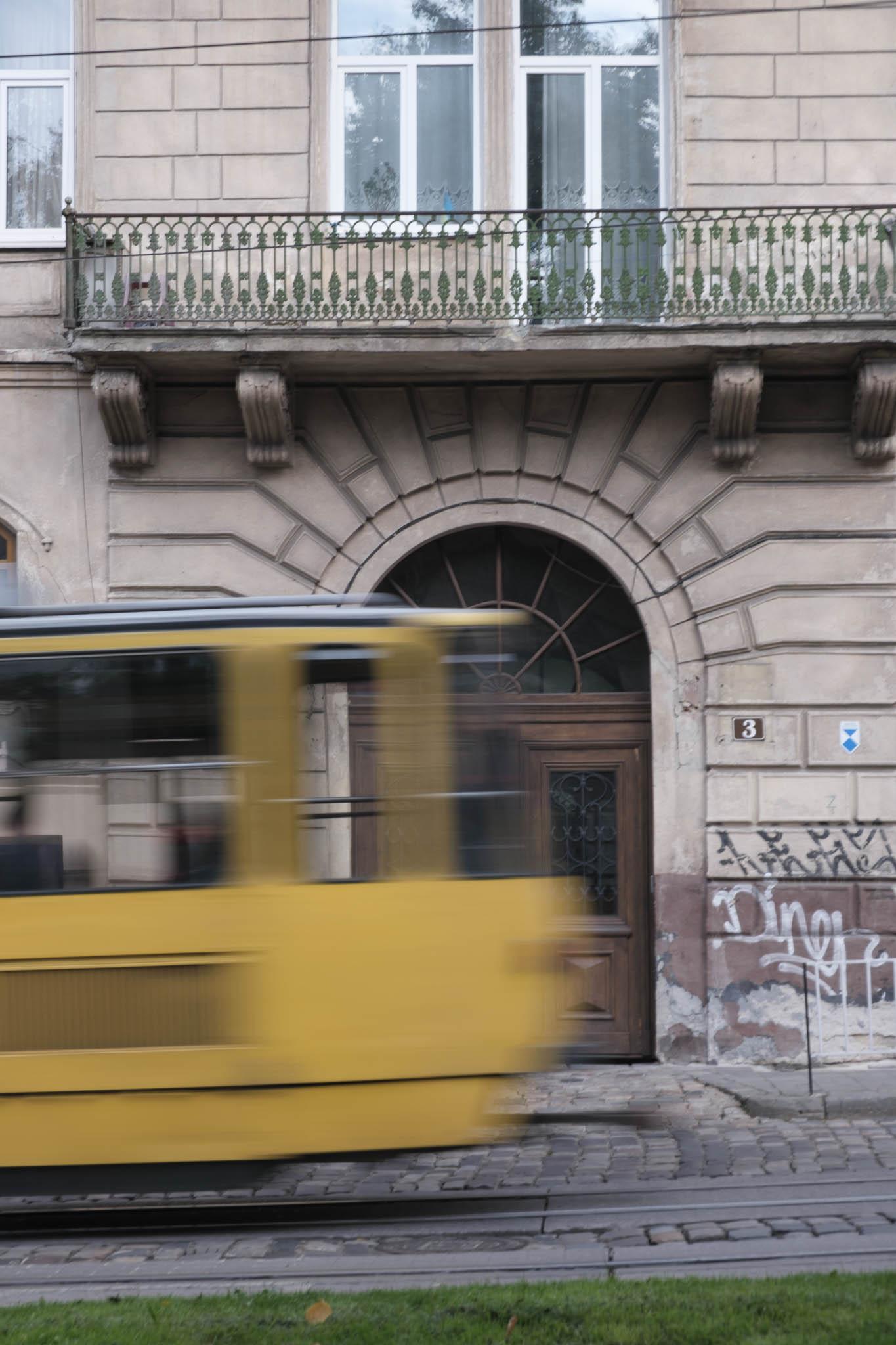 Speeding tram in Lviv, Ukraine shot with a slow shutter speed