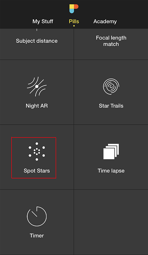 In the PhotoPills app, Choose the "Spot Stars" Pill