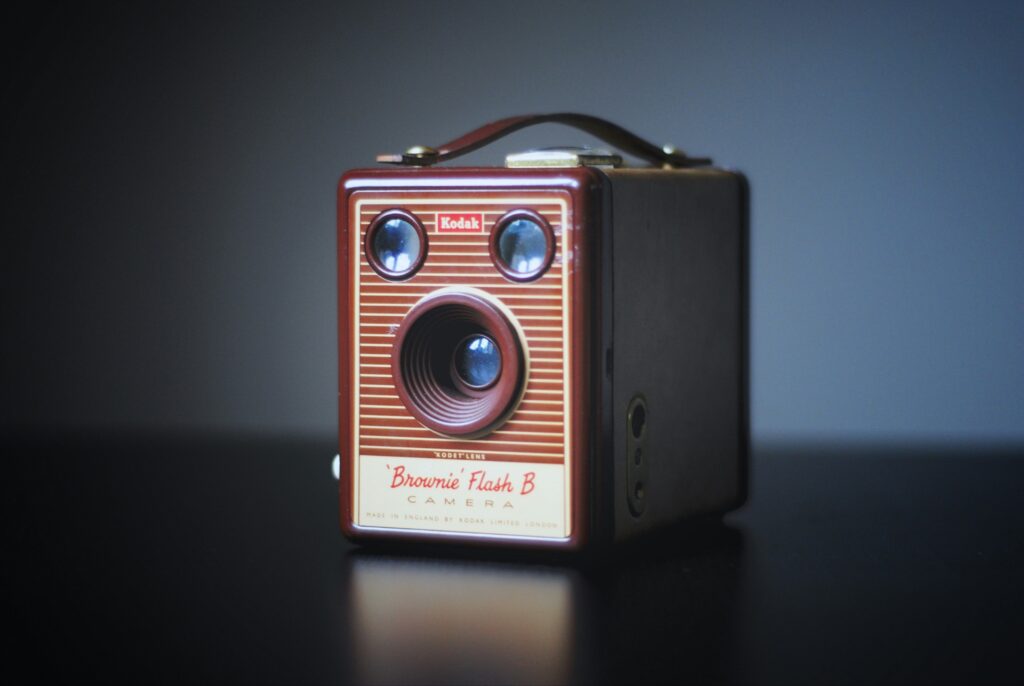 Studio photo of an old Kodak Box Brownie film camera