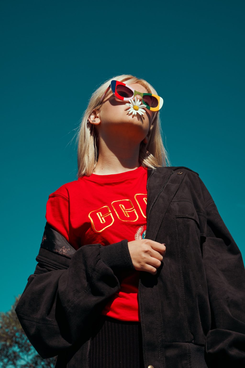 low angle red shirt