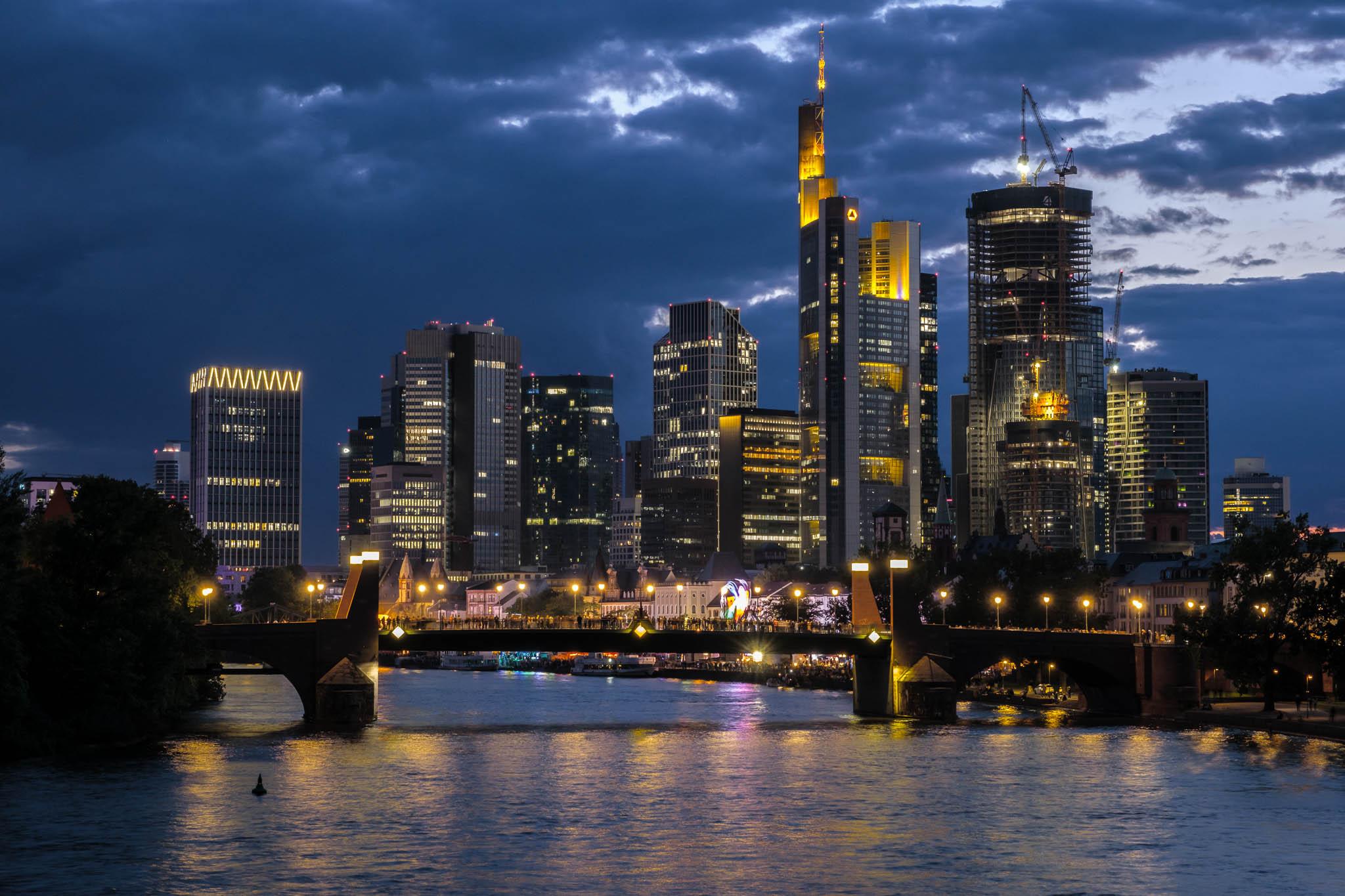 The Frankfurt am Main skyline in the evening ble hour