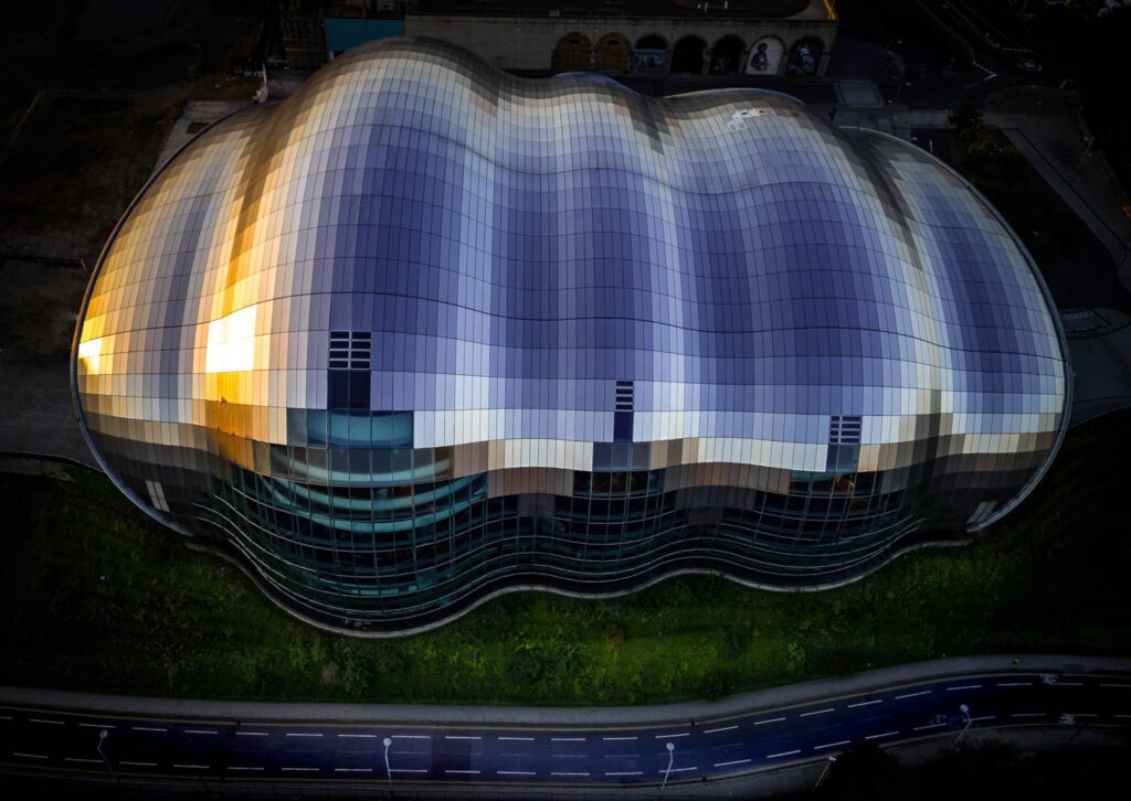 Top down, drone view of the Glasshouse concert venue in Gateshead UK