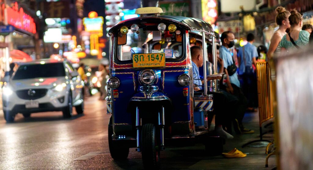 Tuk tuk in Bangkok's Chinatown at night