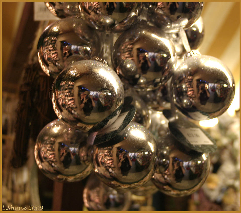 Mirrored baubles containing repeated reflected scenes, photographed by Larry Shone