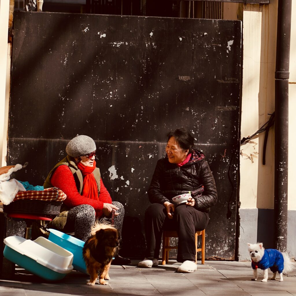 a man and woman sitting on chairs in front of a chalkboard