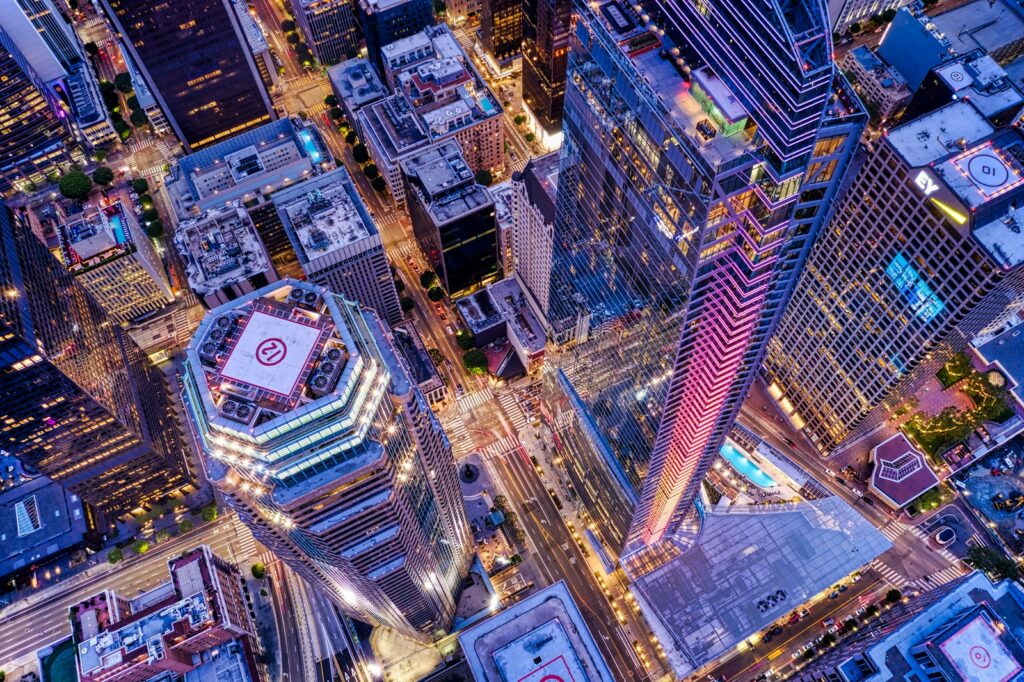 aerial view of city buildings during night time